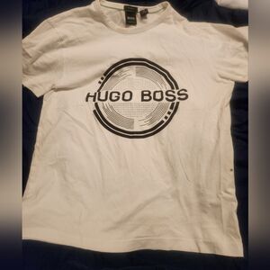 Hugo Boss White Tee with Black Logo, Size SLIM MEDIUM but Fit SMALL